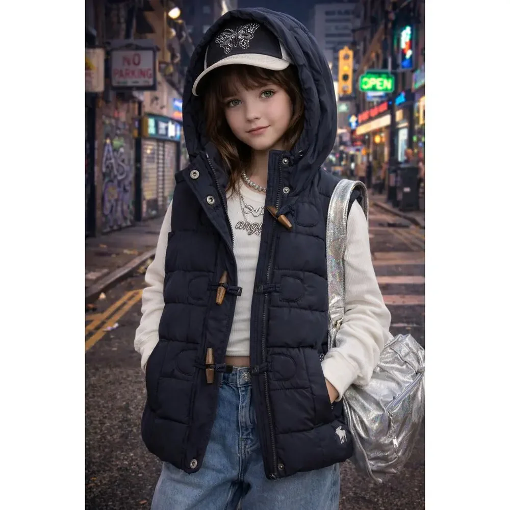 Abercrombie Kids Girls Puffer Vest Hooded Toggle Closure Navy Size L Youth